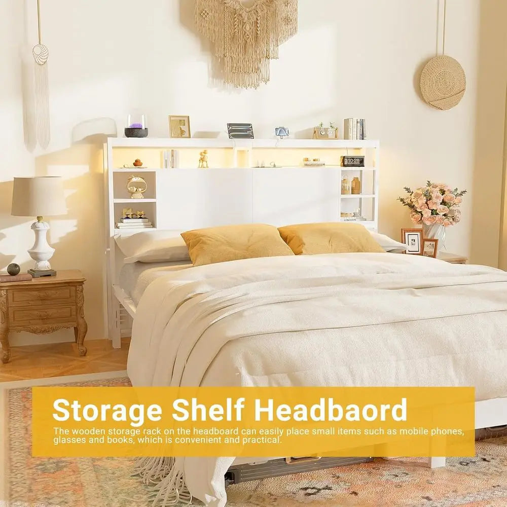 Queen Bed Storage Board With USB Power Outlets And LED