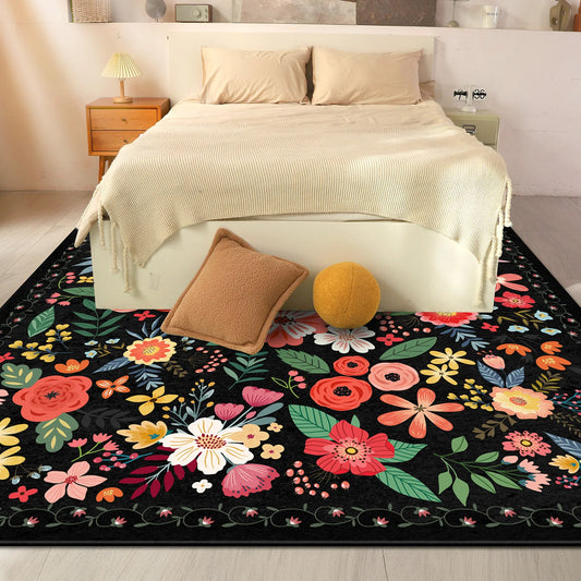 Boho Floral Washable Non Slip Low Pile Rug For Living Room And Bedroom