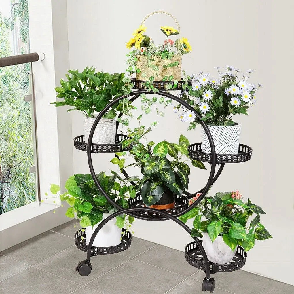 Six-Tier Plant Stand With Six Pots And Wheels