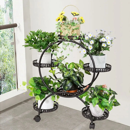 Six-Tier Plant Stand With Six Pots And Wheels