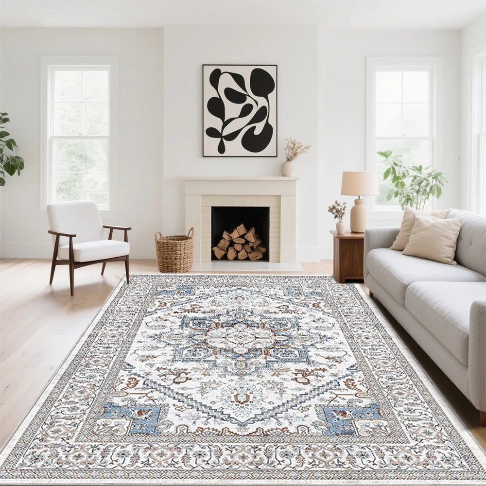 Soft Boho Vintage Area Rug Machine Washable Polyester Living Room