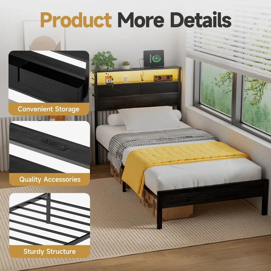 Bed Frame With LED Lights And Charging Station Platform Bed With Metal Slats