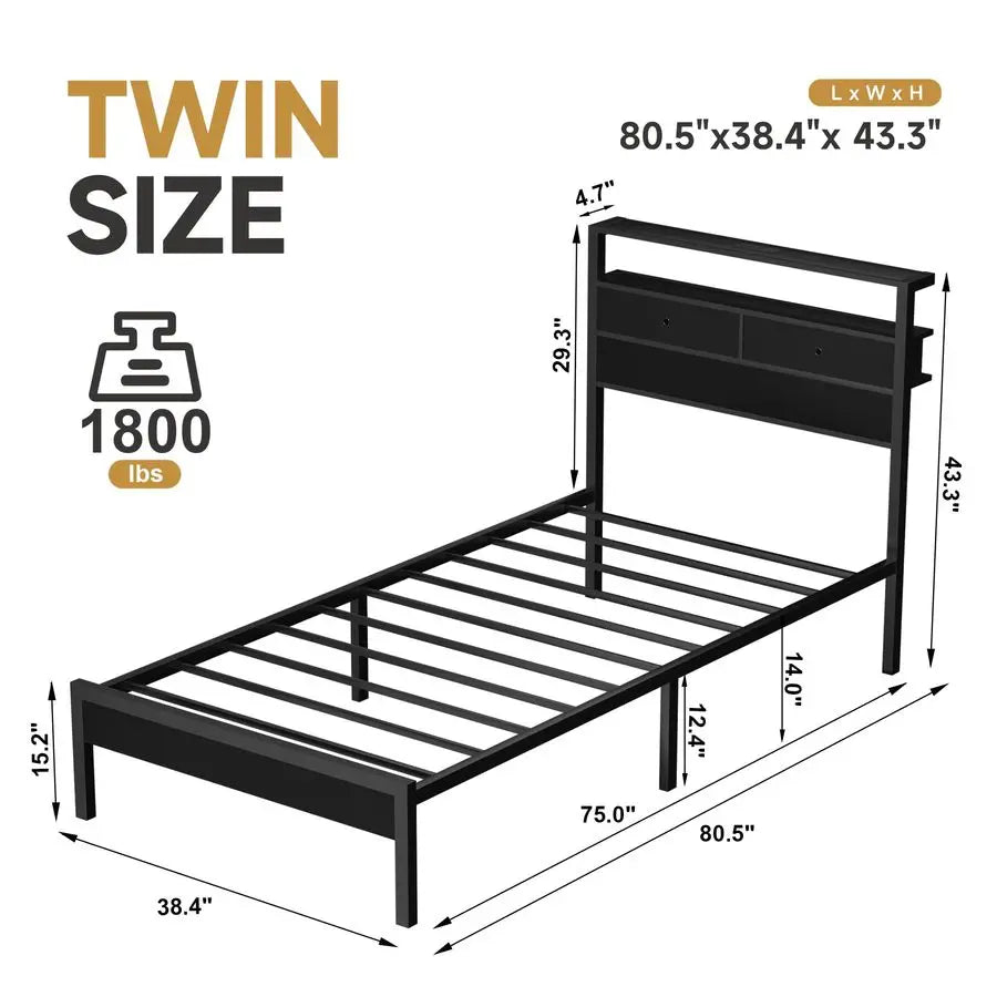Bed Frame With LED Lights And Charging Station Platform Bed With Metal Slats
