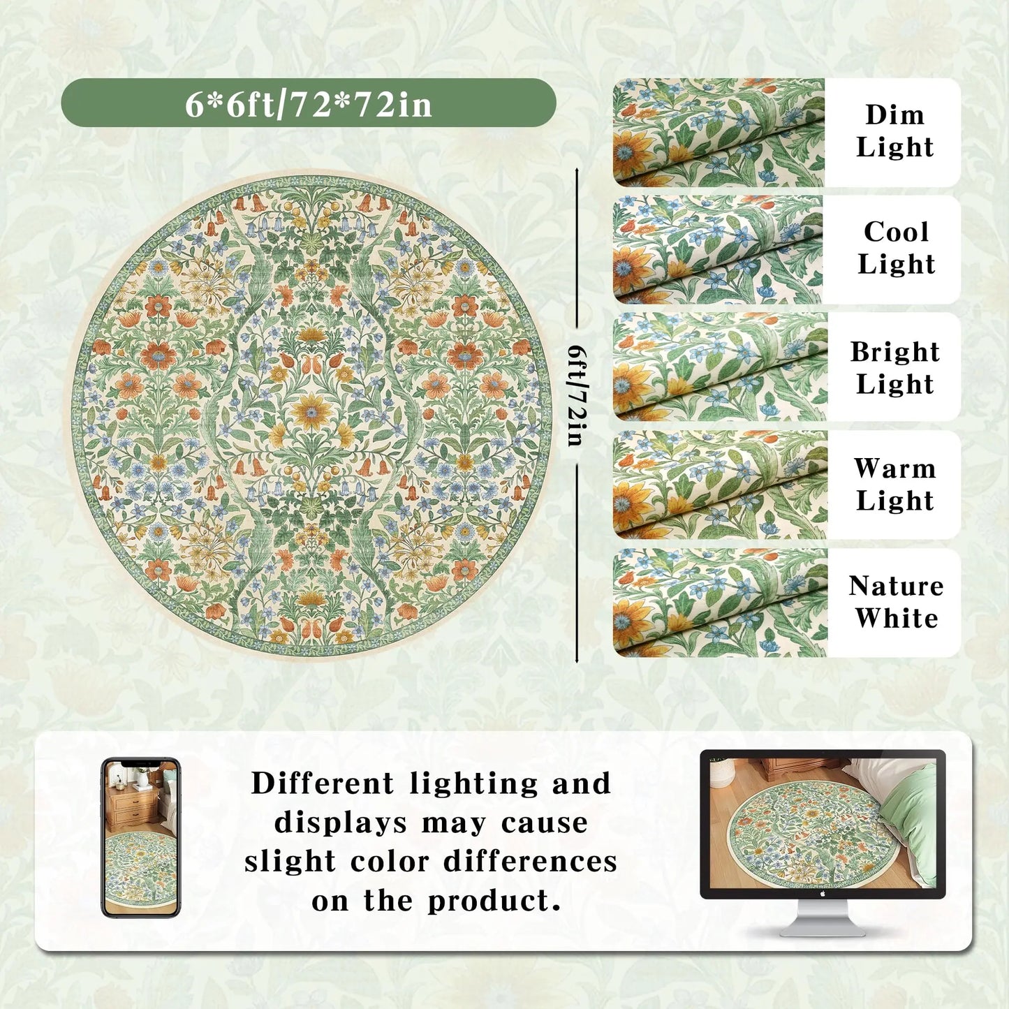 MZXM Round Floral Boho Rug Non Slip Circular Washable