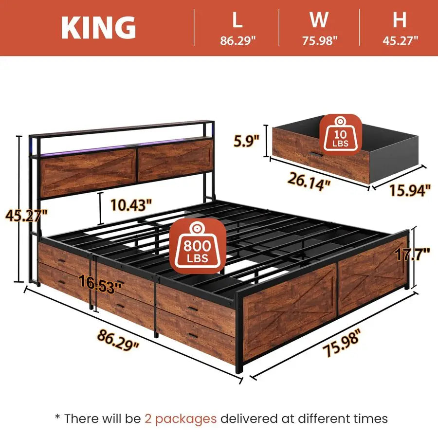 XMSJ Bed Frame With 12 Storage Drawers LED Headboard And USB Charging