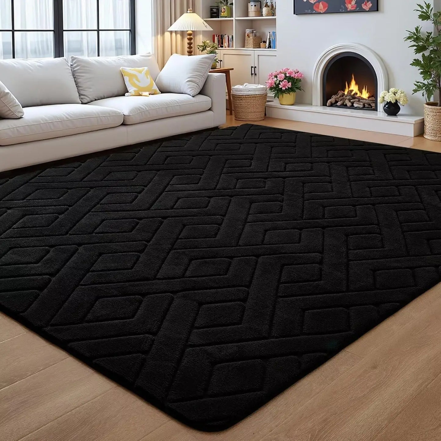 Modern Geometric Shag Area Rug Non Slip Polyester Living Room