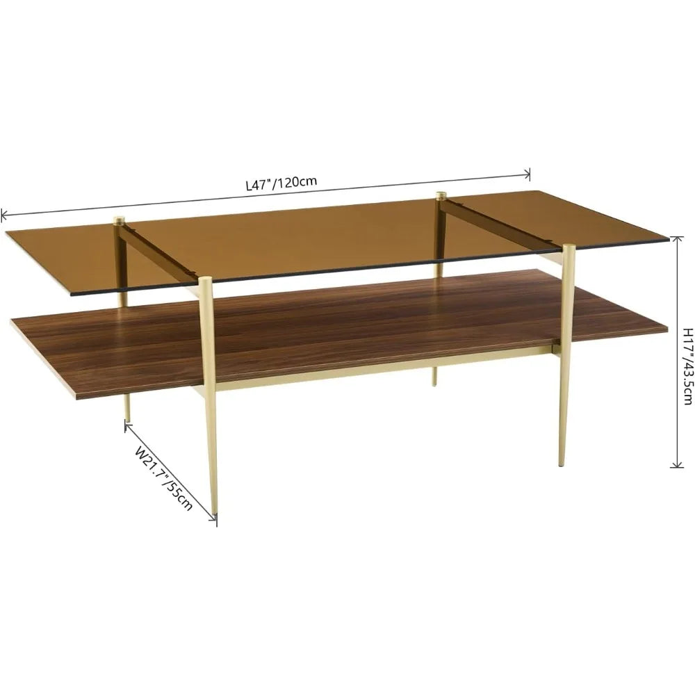 RBXC Mid-Century Modern Glass Coffee Table with Gold Legs
