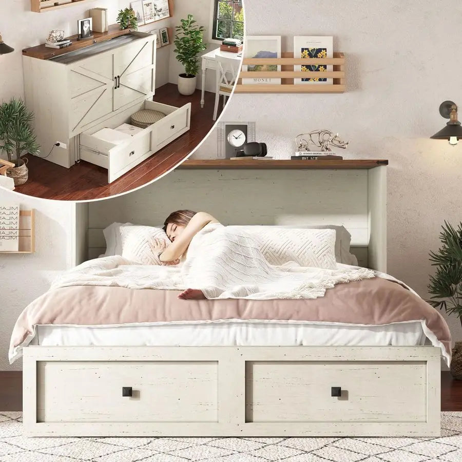 XMSJ Queen Murphy Bed With Storage And Charging Station