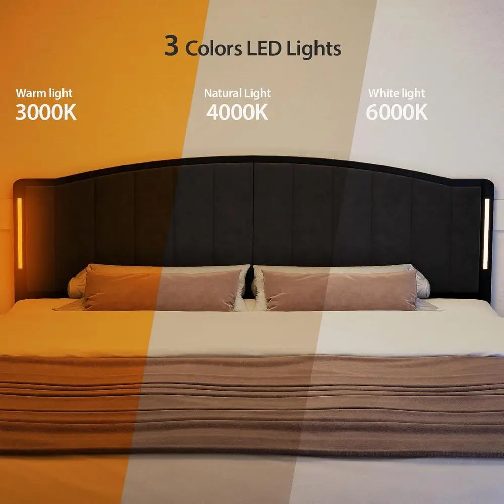 Bed With Led Lights Modern Upholstered Velvet Tufted Headboard