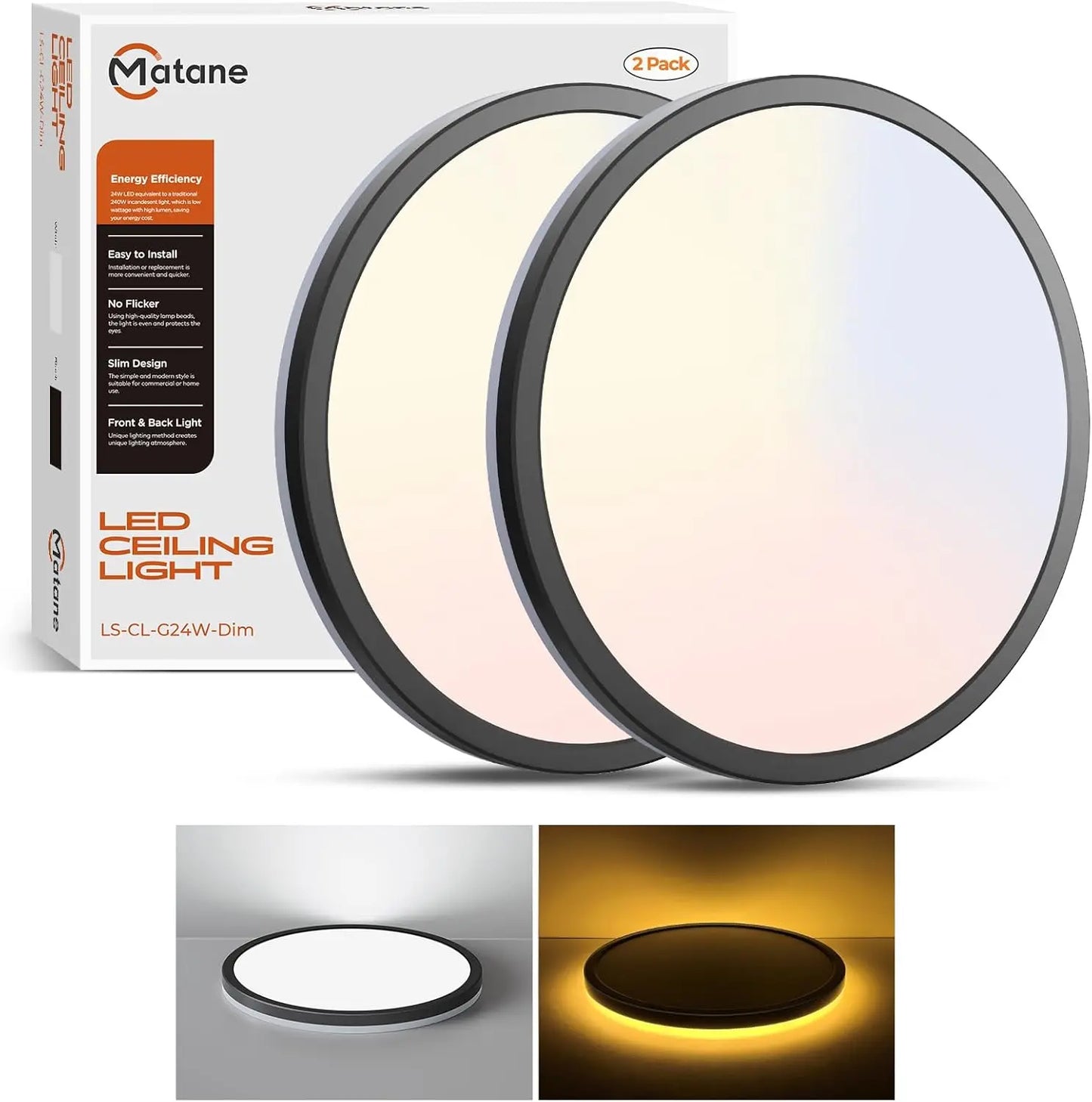LED Ceiling Light 2 Pack With Night Light Dimmable 3000K 4000K 5000K