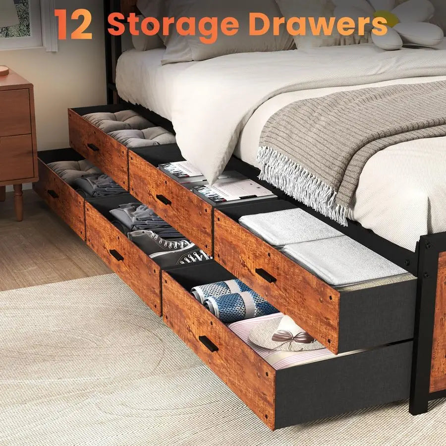 XMSJ Bed Frame With 12 Storage Drawers LED Headboard And USB Charging