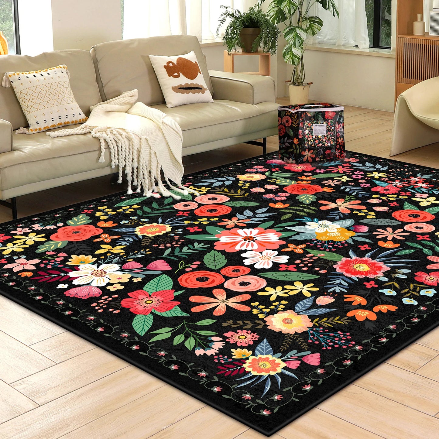 Boho Floral Washable Non Slip Low Pile Rug For Living Room And Bedroom