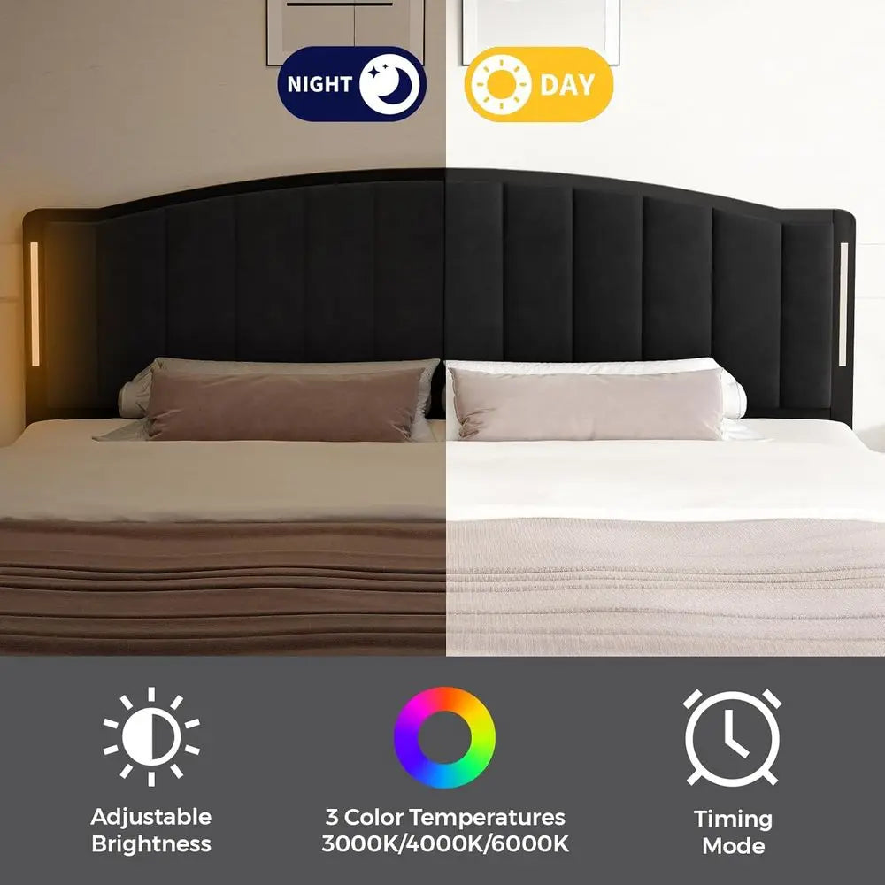 Bed With Led Lights Modern Upholstered Velvet Tufted Headboard