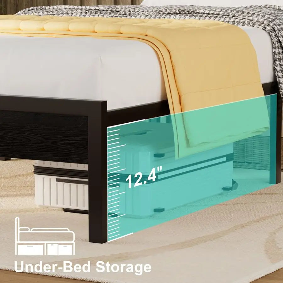 Bed Frame With LED Lights And Charging Station Platform Bed With Metal Slats