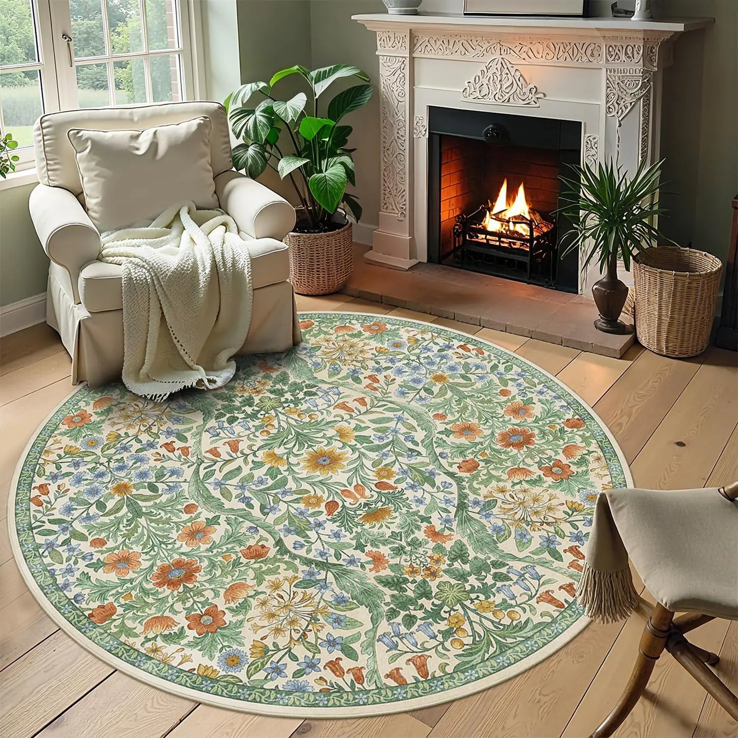 MZXM Round Floral Boho Rug Non Slip Circular Washable