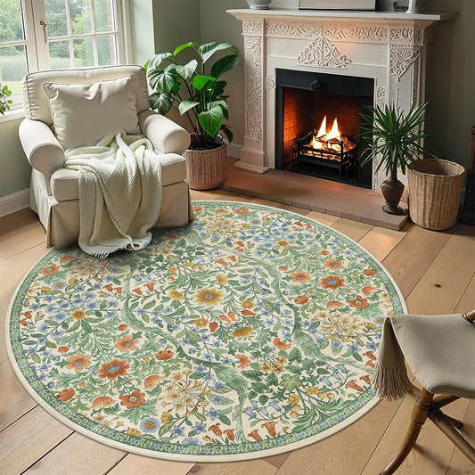 MZXM Round Floral Boho Rug Non Slip Circular Washable