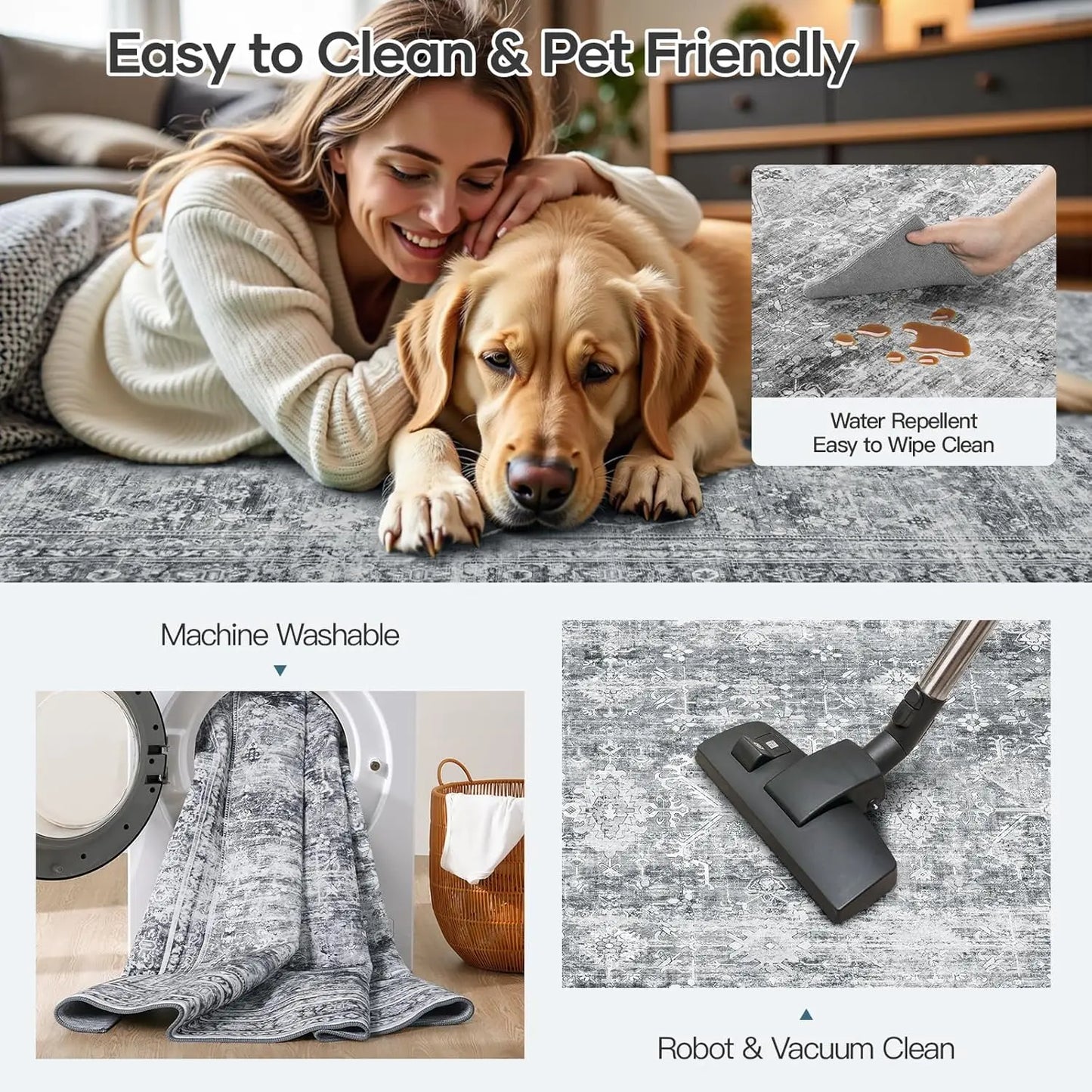 Washable Area Rug With Non Slip Backing For Living Room