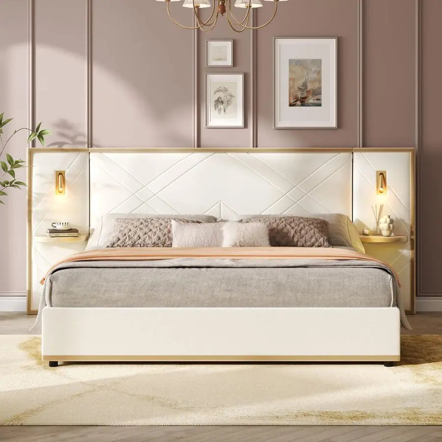 XMSJ Velvet Upholstered Bed Frame With Wingback Headboard LED