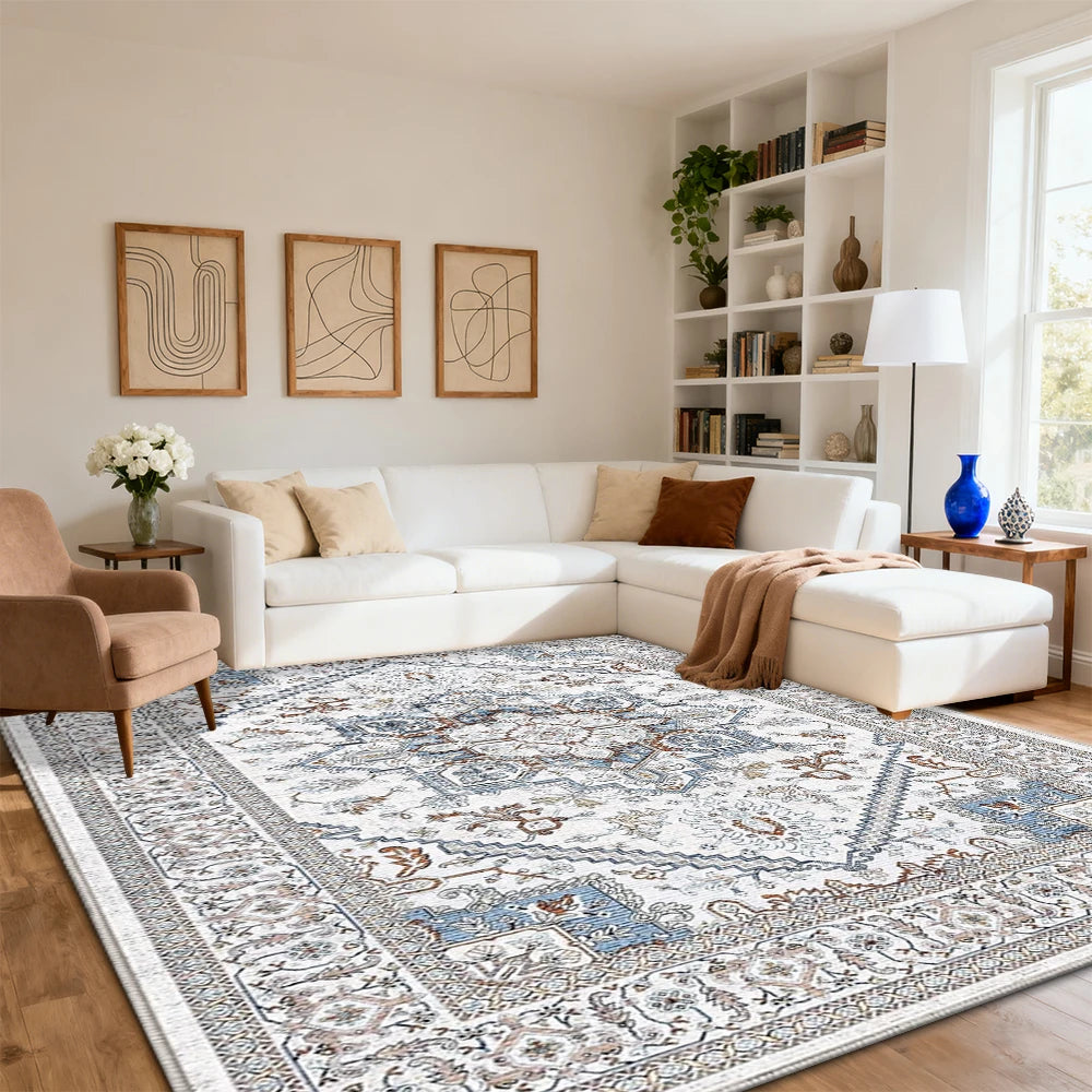 Soft Boho Vintage Area Rug Machine Washable Polyester Living Room