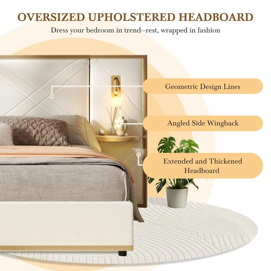 XMSJ Velvet Upholstered Bed Frame With Wingback Headboard LED
