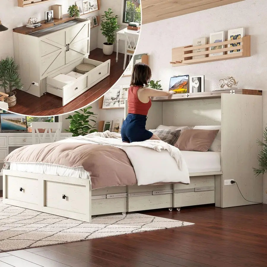 XMSJ Queen Murphy Bed With Storage And Charging Station