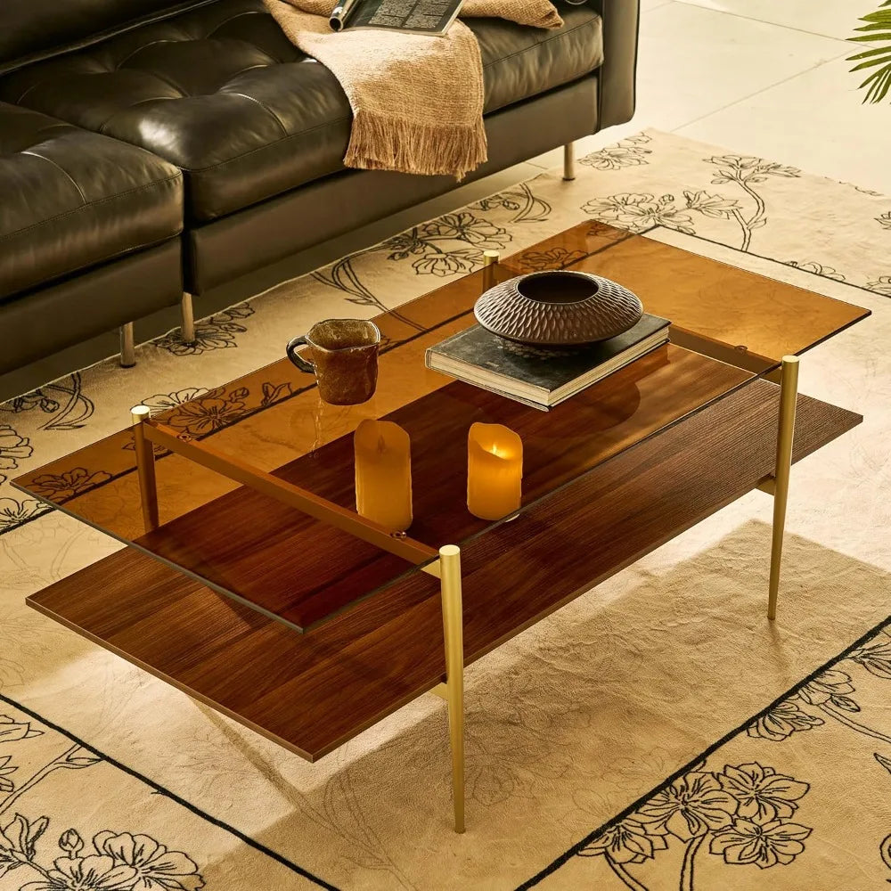 RBXC Mid-Century Modern Glass Coffee Table with Gold Legs