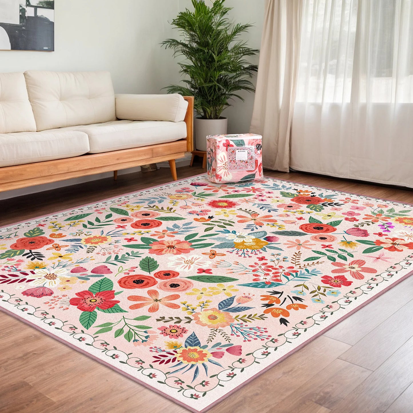 Boho Floral Washable Non Slip Low Pile Rug For Living Room And Bedroom