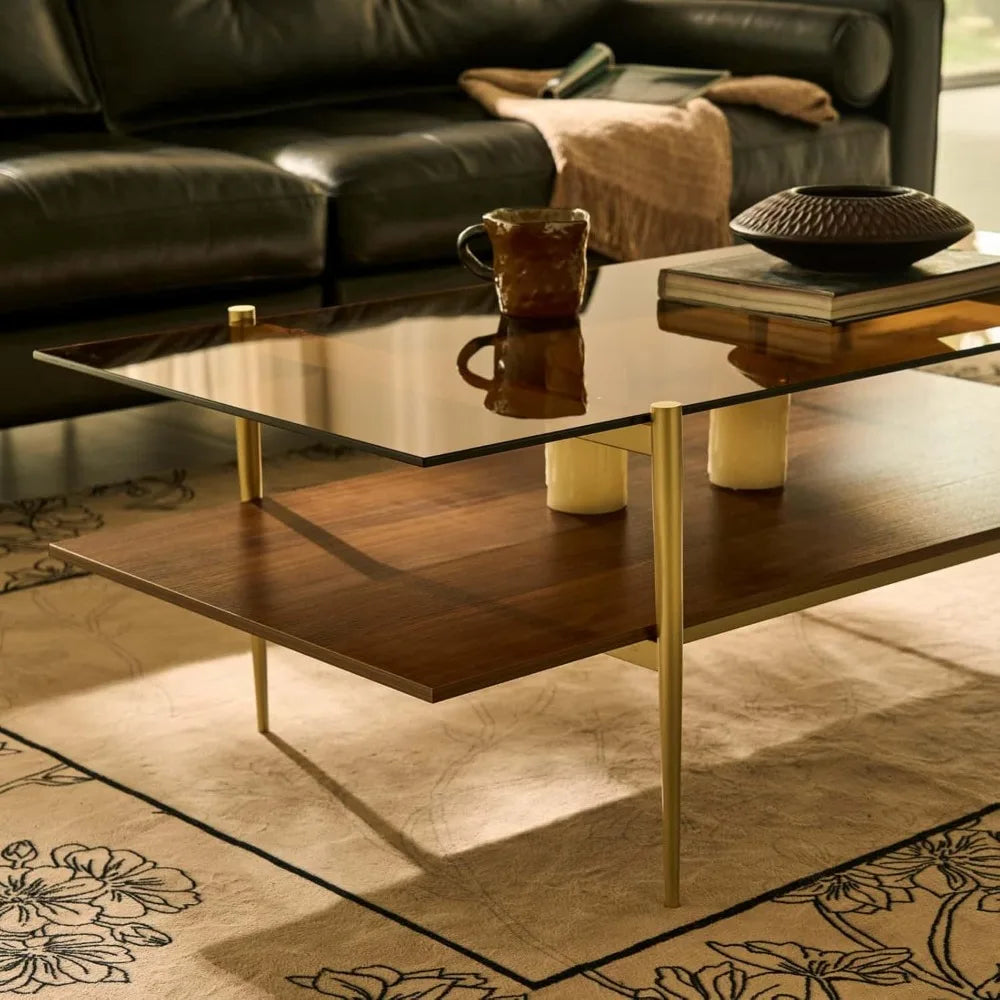 RBXC Mid-Century Modern Glass Coffee Table with Gold Legs