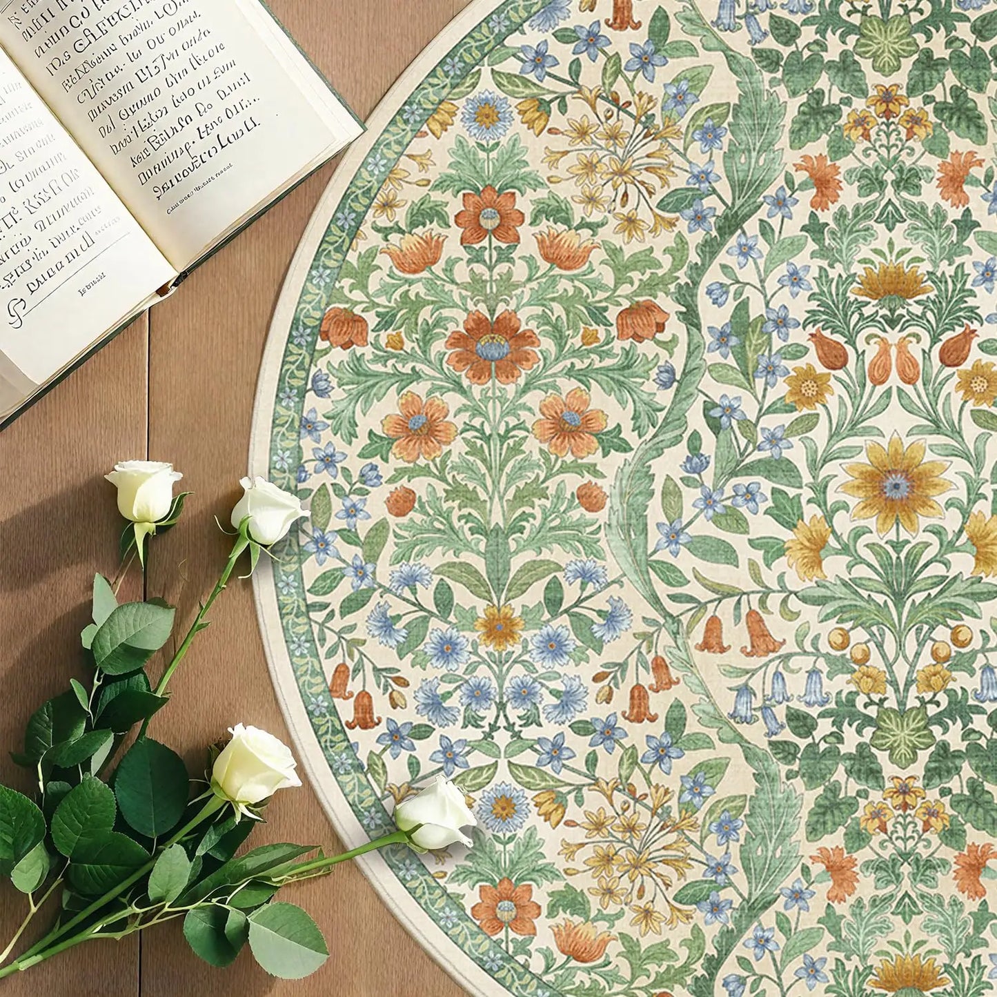MZXM Round Floral Boho Rug Non Slip Circular Washable