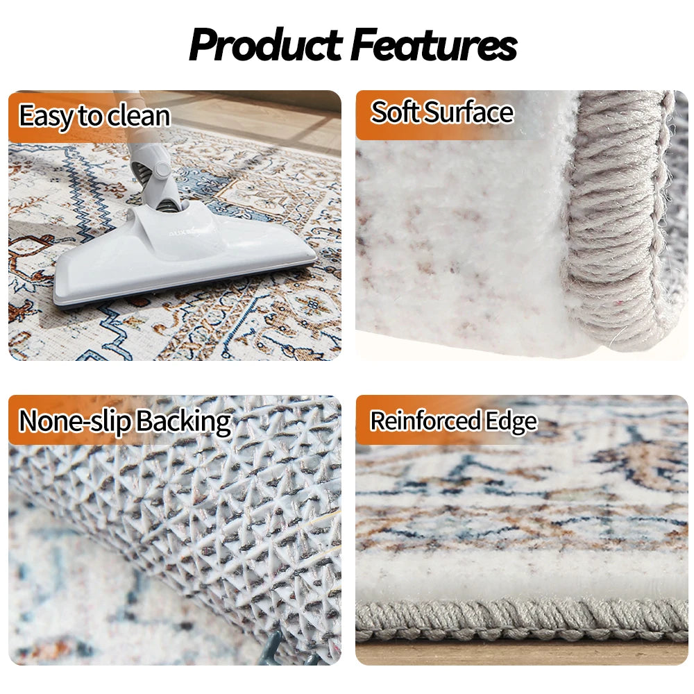 Soft Boho Vintage Area Rug Machine Washable Polyester Living Room