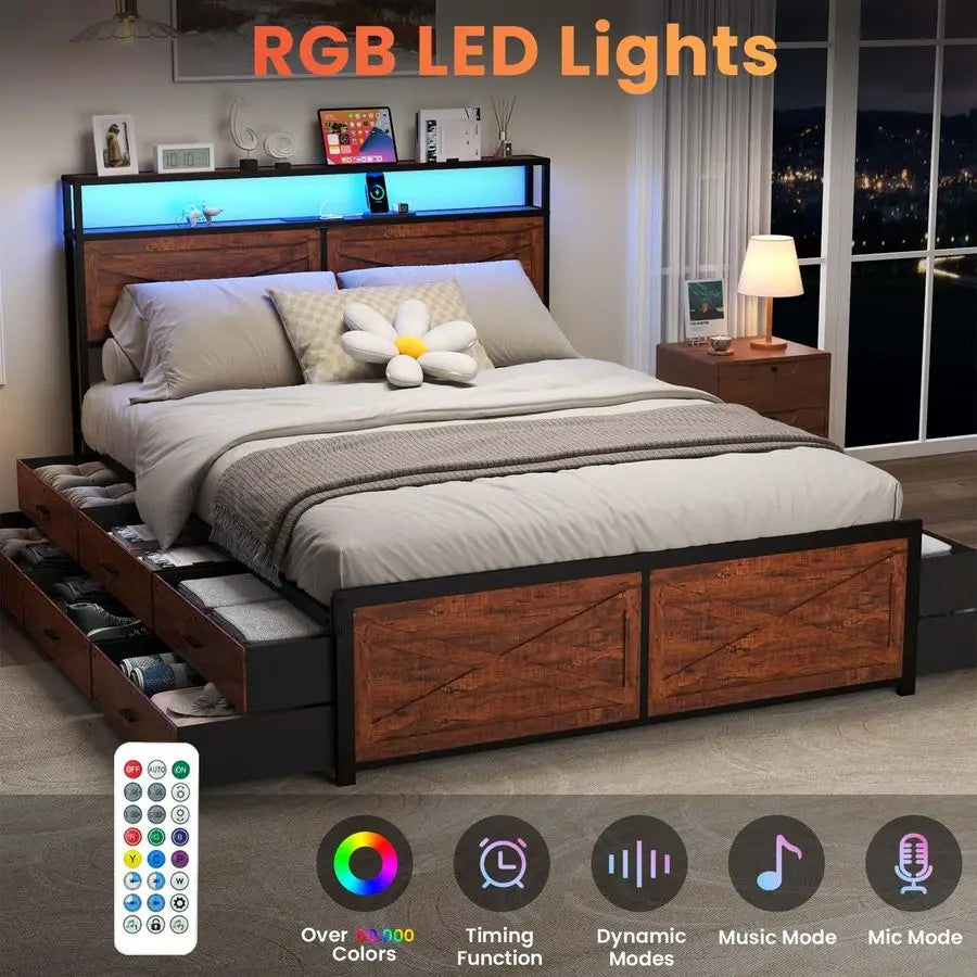 XMSJ Bed Frame With 12 Storage Drawers LED Headboard And USB Charging