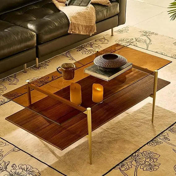 RBXC Mid-Century Modern Glass Coffee Table with Gold Legs