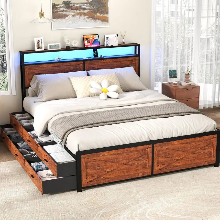 XMSJ Bed Frame With 12 Storage Drawers LED Headboard And USB Charging