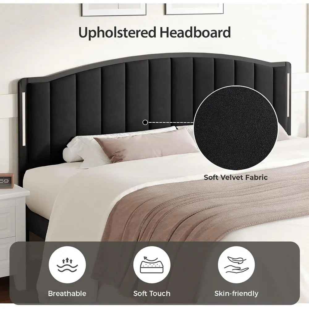 Bed With Led Lights Modern Upholstered Velvet Tufted Headboard