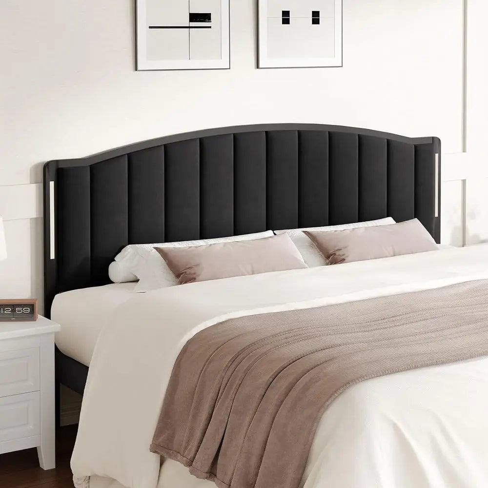 Bed With Led Lights Modern Upholstered Velvet Tufted Headboard