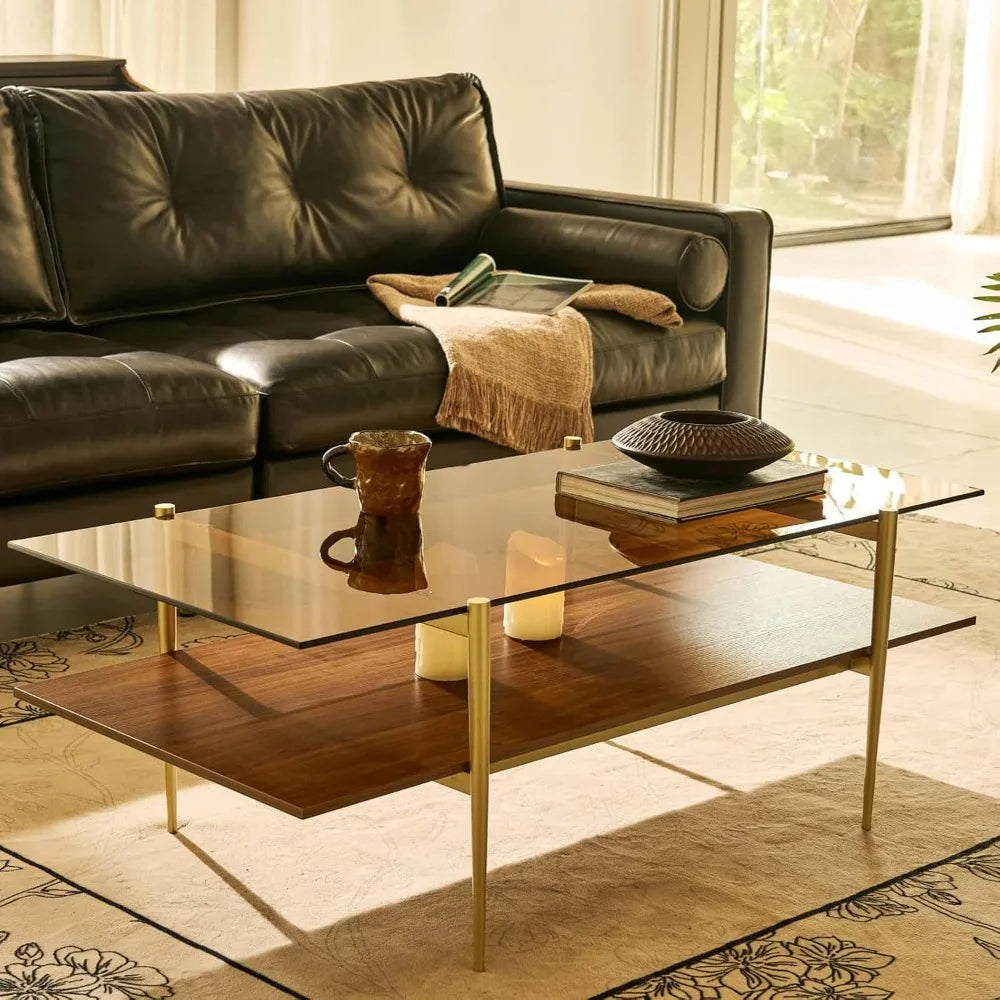 RBXC Mid-Century Modern Glass Coffee Table with Gold Legs