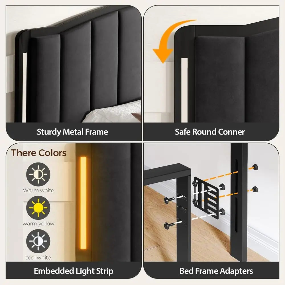 Bed With Led Lights Modern Upholstered Velvet Tufted Headboard