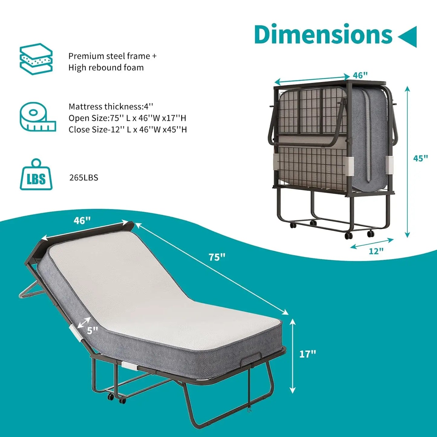 Adult Rollaway Bed with Mattress and Dustproof Storage Bag