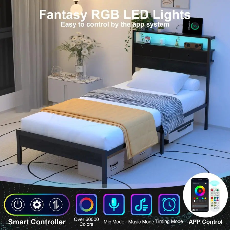 Bed Frame With LED Lights And Charging Station Platform Bed With Metal Slats