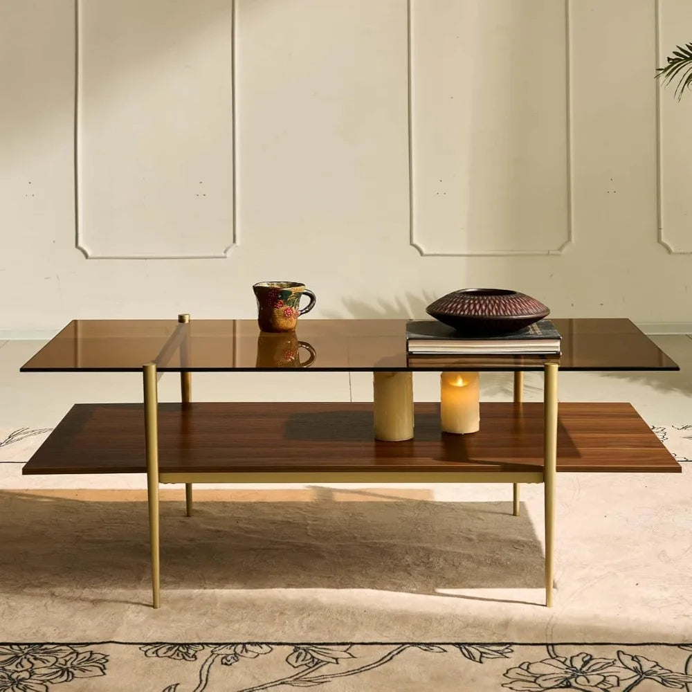 RBXC Mid-Century Modern Glass Coffee Table with Gold Legs