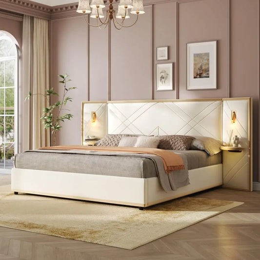 XMSJ Velvet Upholstered Bed Frame With Wingback Headboard LED