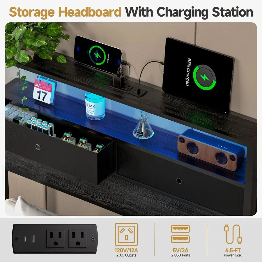Bed Frame With LED Lights And Charging Station Platform Bed With Metal Slats