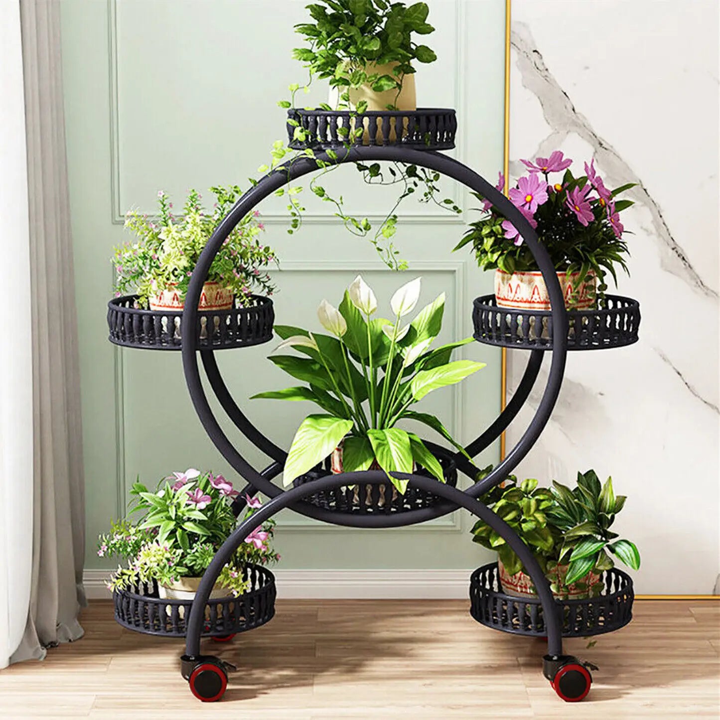 Six-Tier Plant Stand With Six Pots And Wheels