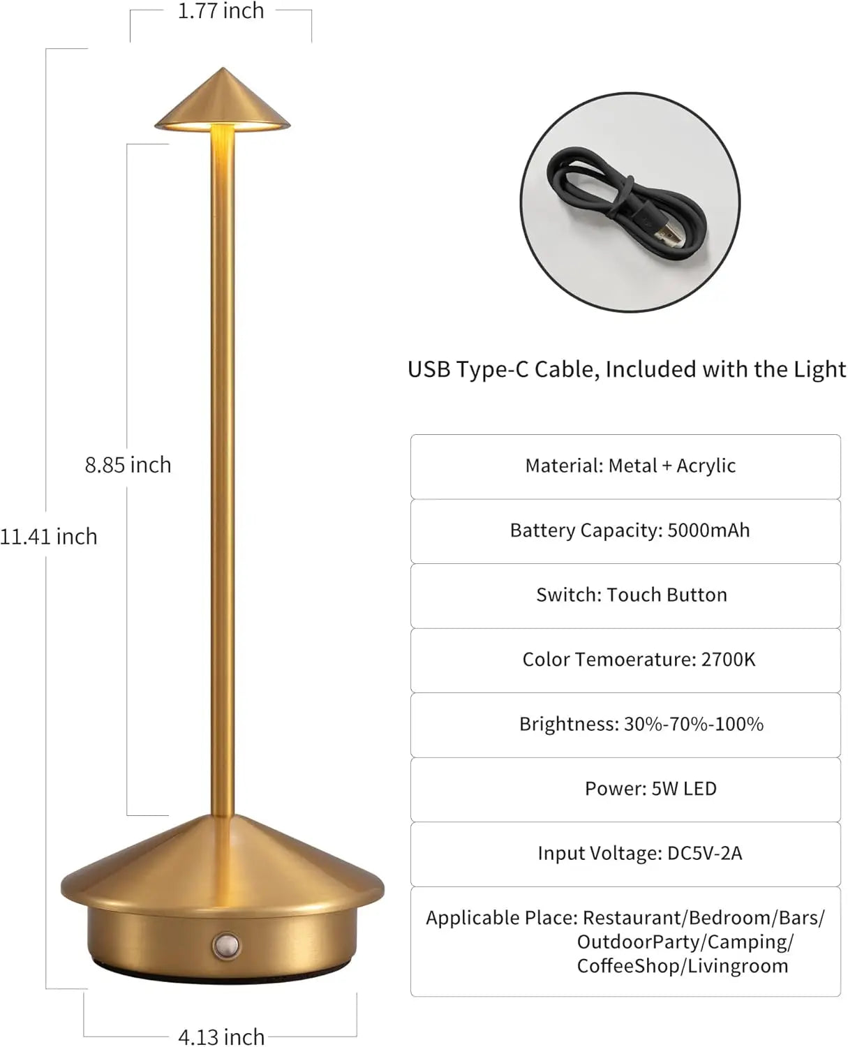 Set of 2 Cordless LED Table Lamps Rechargeable
