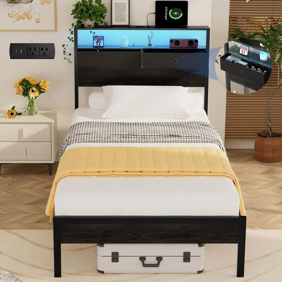Bed Frame With LED Lights And Charging Station Platform Bed With Metal Slats