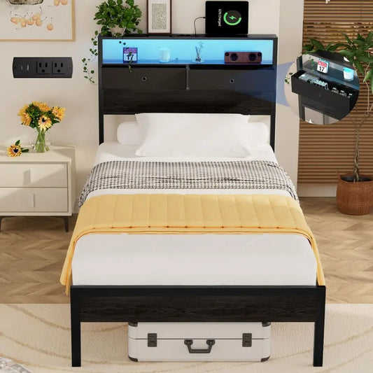 Bed Frame With LED Lights And Charging Station Platform Bed With Metal Slats