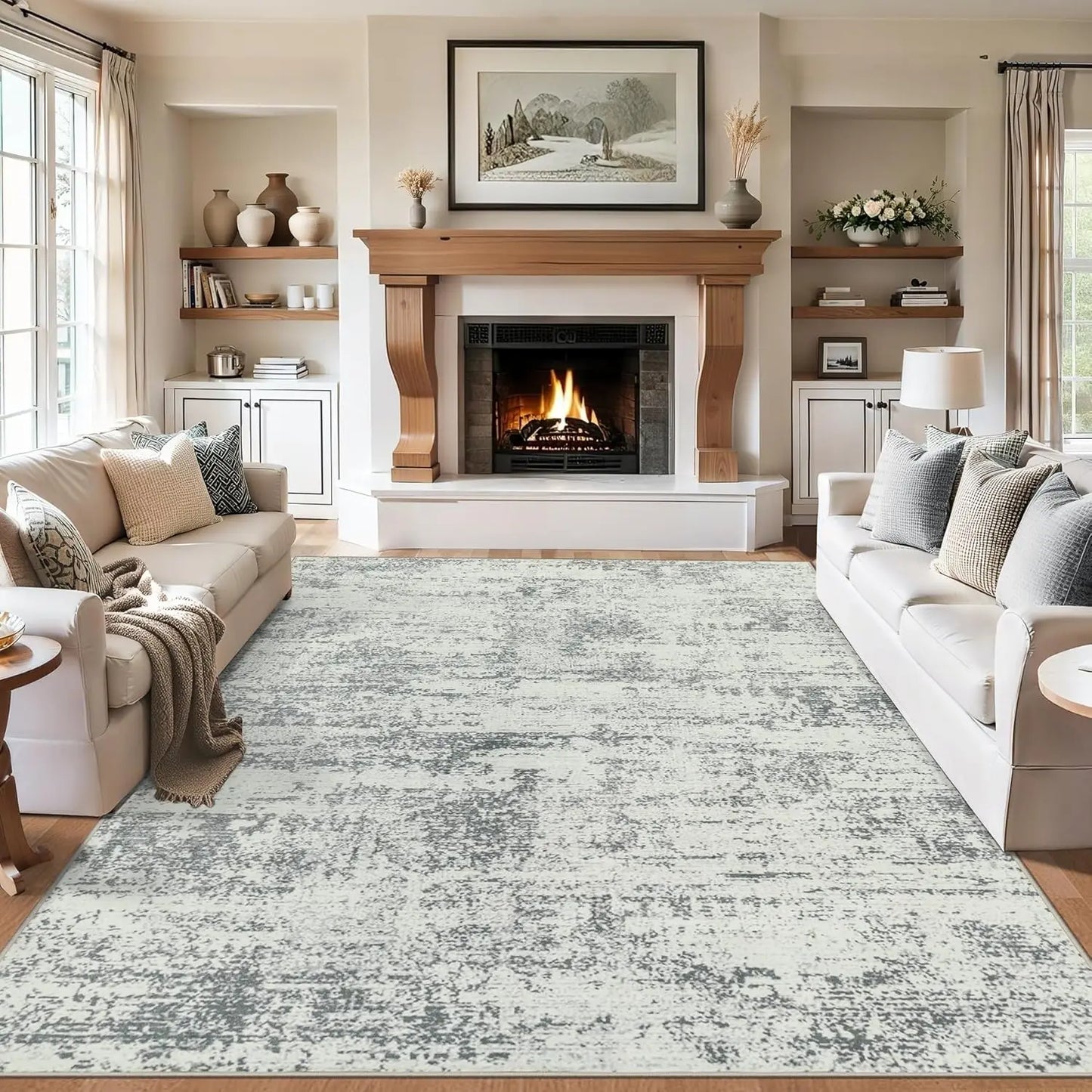 Washable Striped Abstract Area Rug Non Slip Indoor Carpet For Living Room